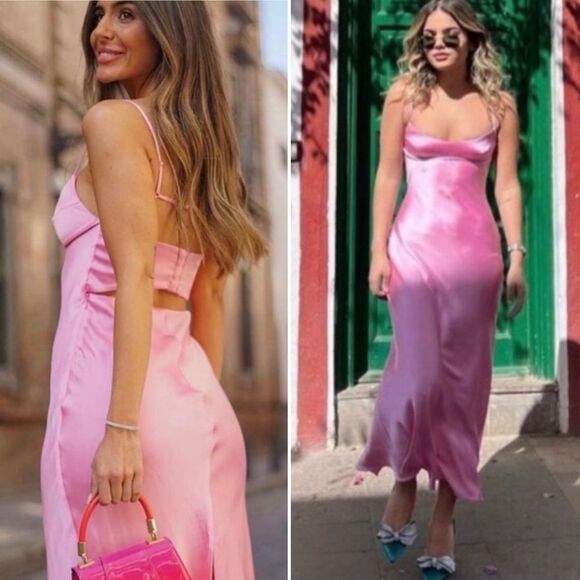 NEW Blogger Fave Viral TikTok Zara Pink Satin Cutout Scoop Neck Midi Slip Dress - Picture 13 of 16